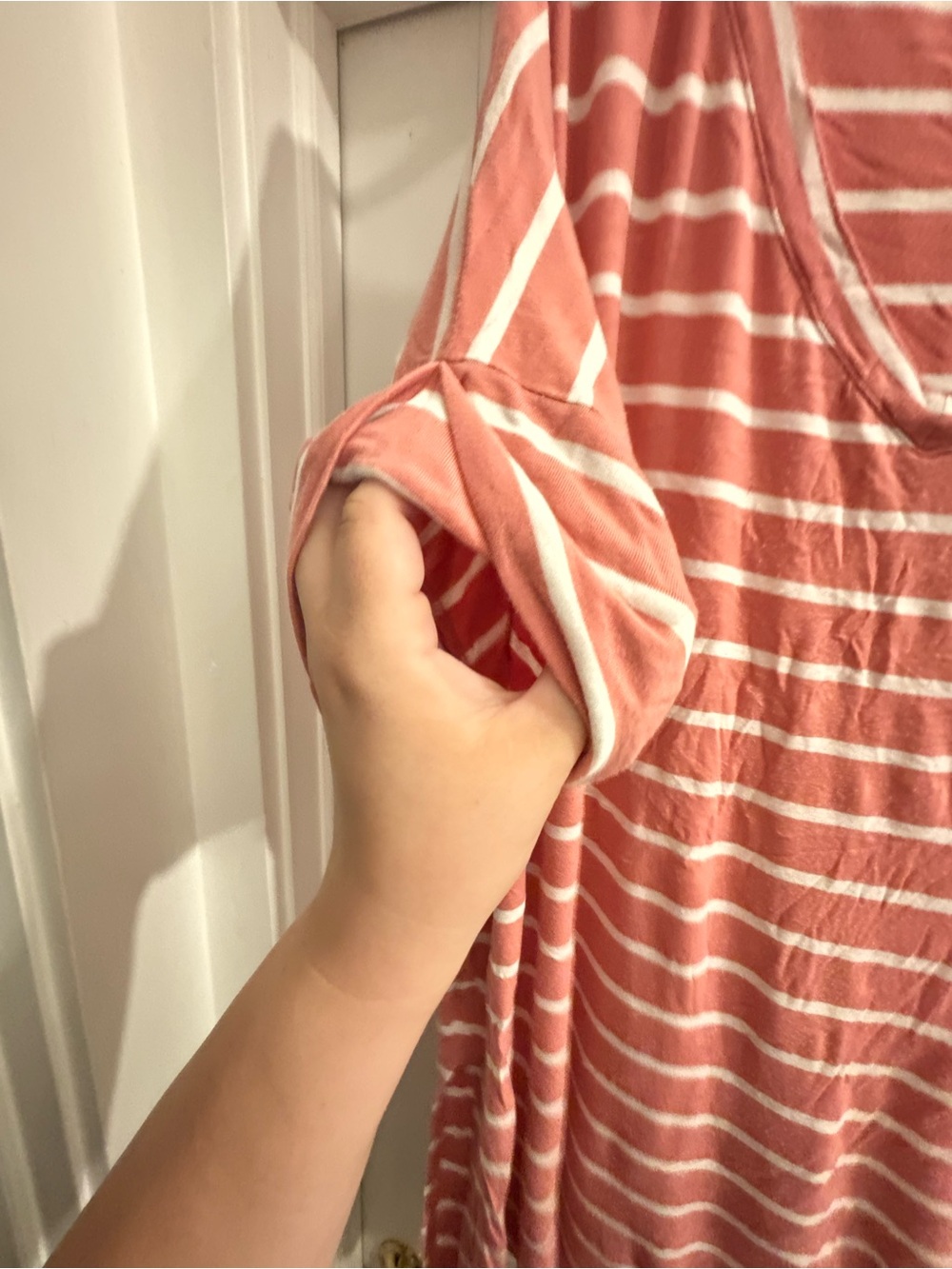 Zenana Outfitters Coral and White Striped V-Neck Tunic - Picture 3 of 4